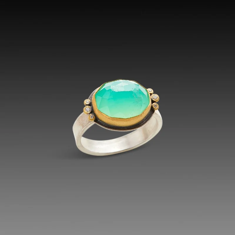 moonstone silver ring -Faceted Chrysoprase Ring with Six Diamond Dots