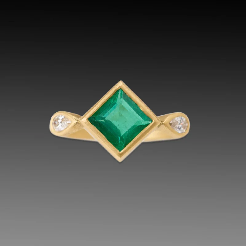 wide band silver ring -Faceted Emerald Ring With Teardrop Diamonds