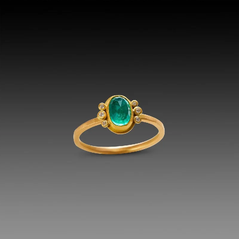 men’s braided ring -Rose Cut Emerald Ring with Diamond Trios