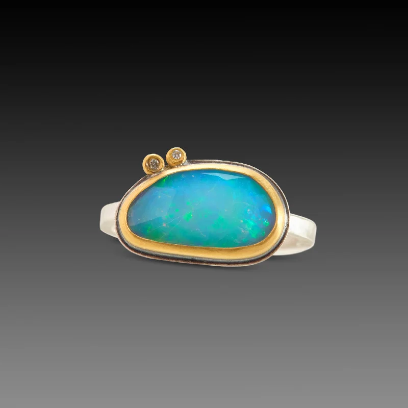 opal gemstone ring -Rose Cut Ethiopian Opal Ring With Two Diamonds