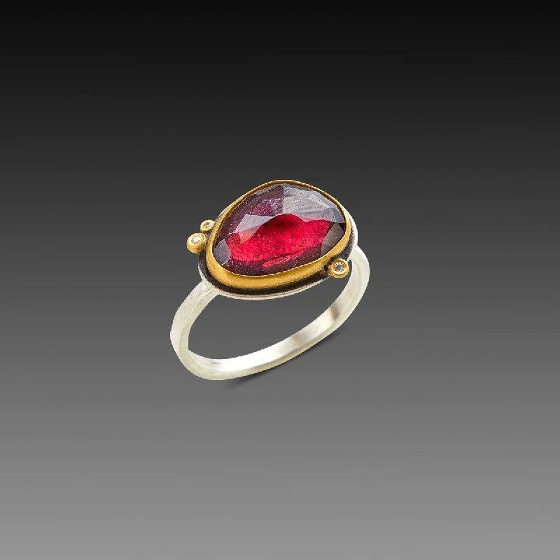 bohemian stackable rings -Rose Cut Rhodolite Garnet Ring with Three Diamonds