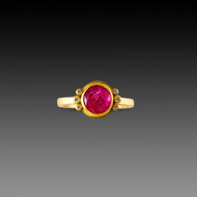 luxury sapphire engagement ring -Rose Cut Ruby Ring with Diamond Trios