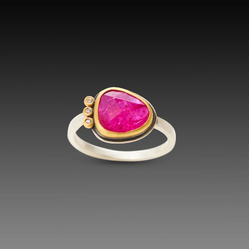 vintage style cocktail ring -Rose Cut Ruby Ring with Three Diamonds