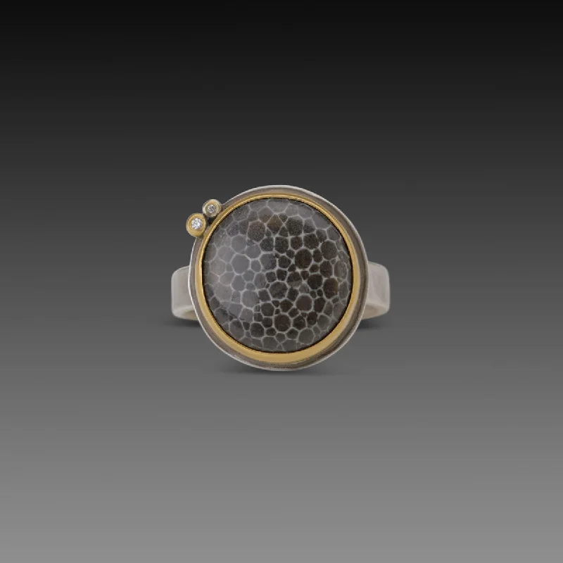 silver moonstone ring -Round Bryozoan Fossil Ring