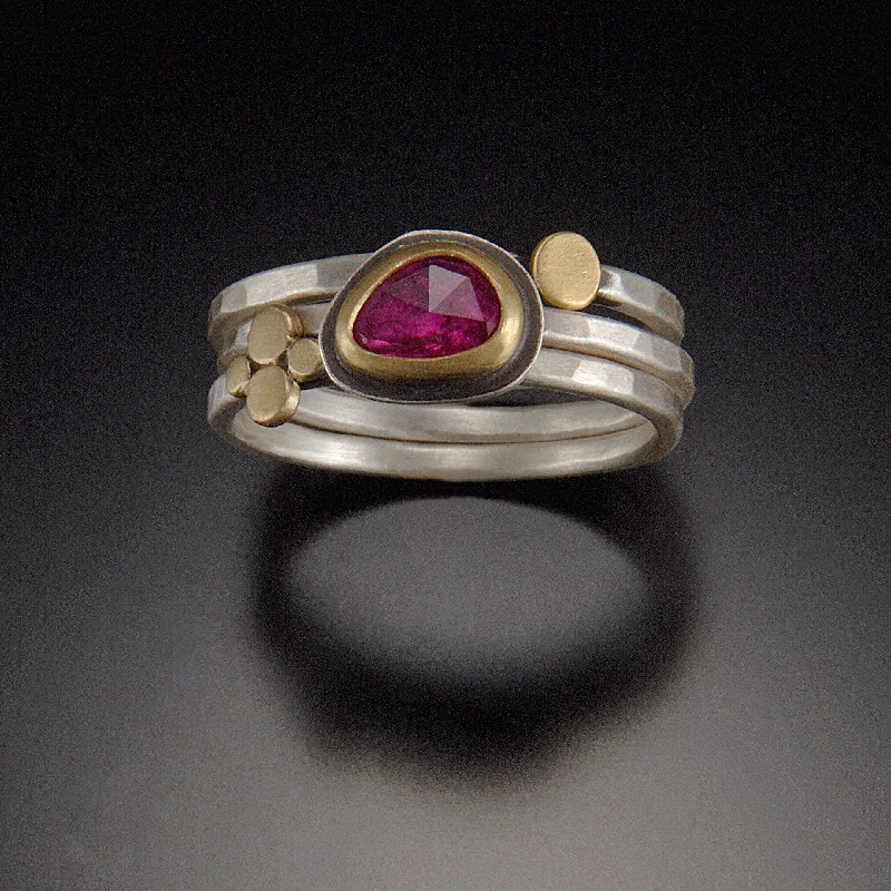 gold band engagement ring -Ruby and Gold Dot Stacking Ring Set