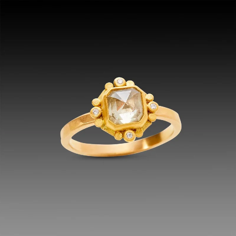 gold band engagement ring -Square Gray Diamond Ring with 22k Trios