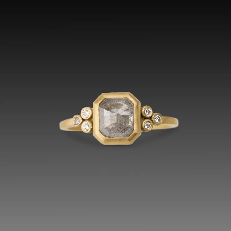 custom carved wood ring -Square Gray Diamond Ring with Diamond Trios