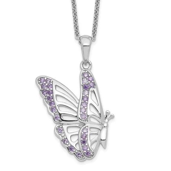 sterling silver nameplate necklace -Sterling Silver CZ Never Give Up Purple Butterfly 18" Necklace