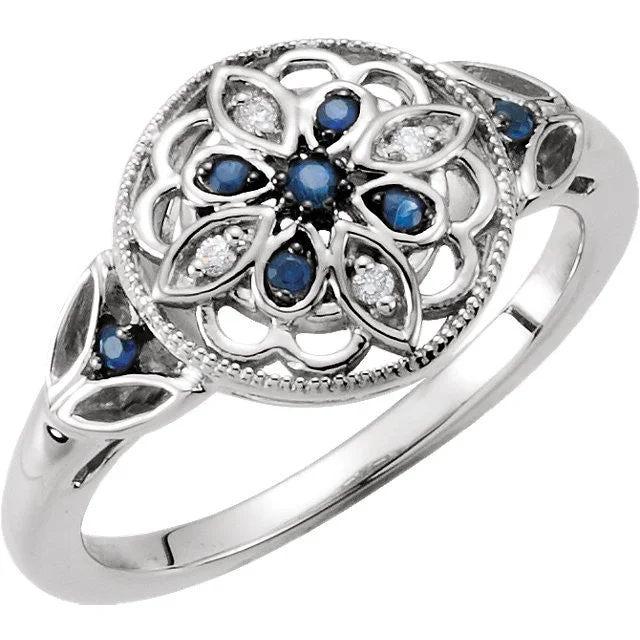 twisted rope ring for men -Sterling Silver Genuine Blue Sapphire & Diamond Floral Filigree Ring