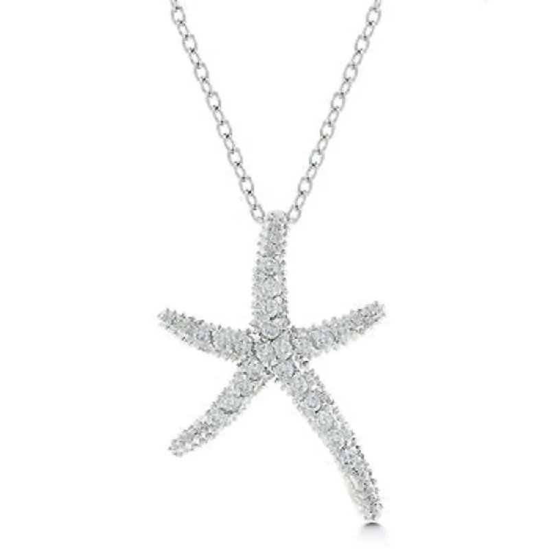 long gold necklace with pendant -Stunning Pave Shiny Starfish Necklace Sparkling Cz Women's Necklace - 17.5 Inch