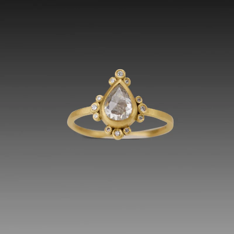 adjustable statement ring -Teardrop Gray Diamond Ring with Diamond Trios