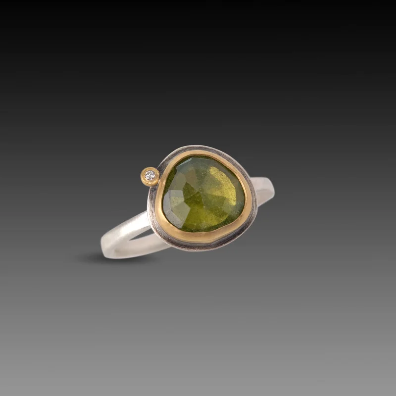 floral design diamond ring -Vesuvianite Ring with Diamond Dot