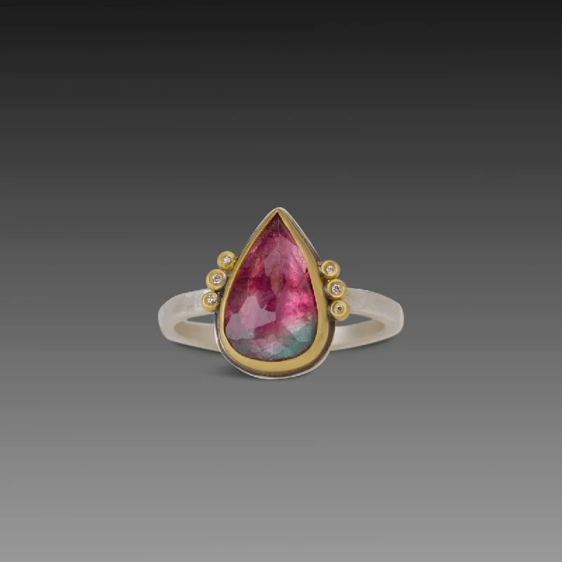 gold wedding ring for men -Watermelon Tourmaline Teardrop Ring