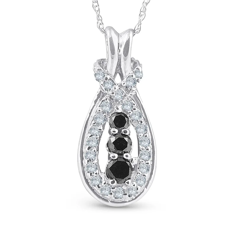 gold and diamond necklace -White Gold 1/2 Ct Black & White Knot Three Stone Diamond Pendant