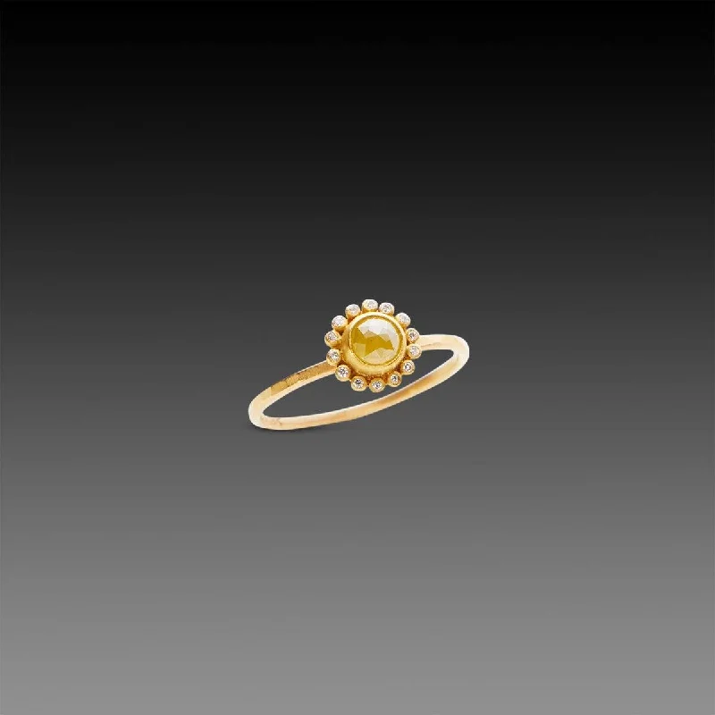 delicate dainty ring for women -Yellow Diamond Ring with Diamond Halo