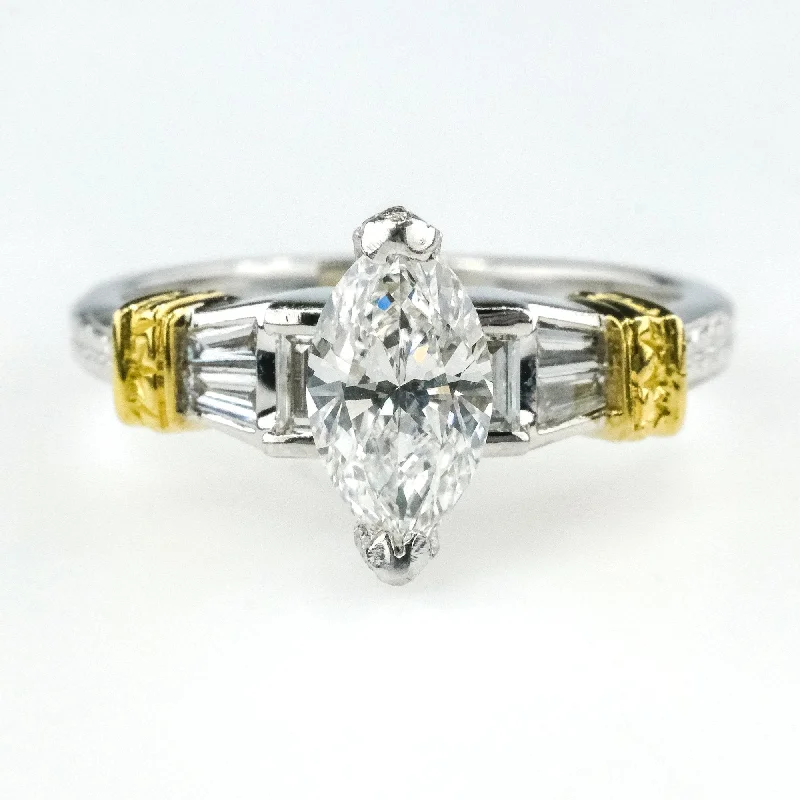 minimalist diamond band ring -1.00ct EGL Marquise Diamond VVS2/F & Side Accented Engagement Ring 18K Two Tone