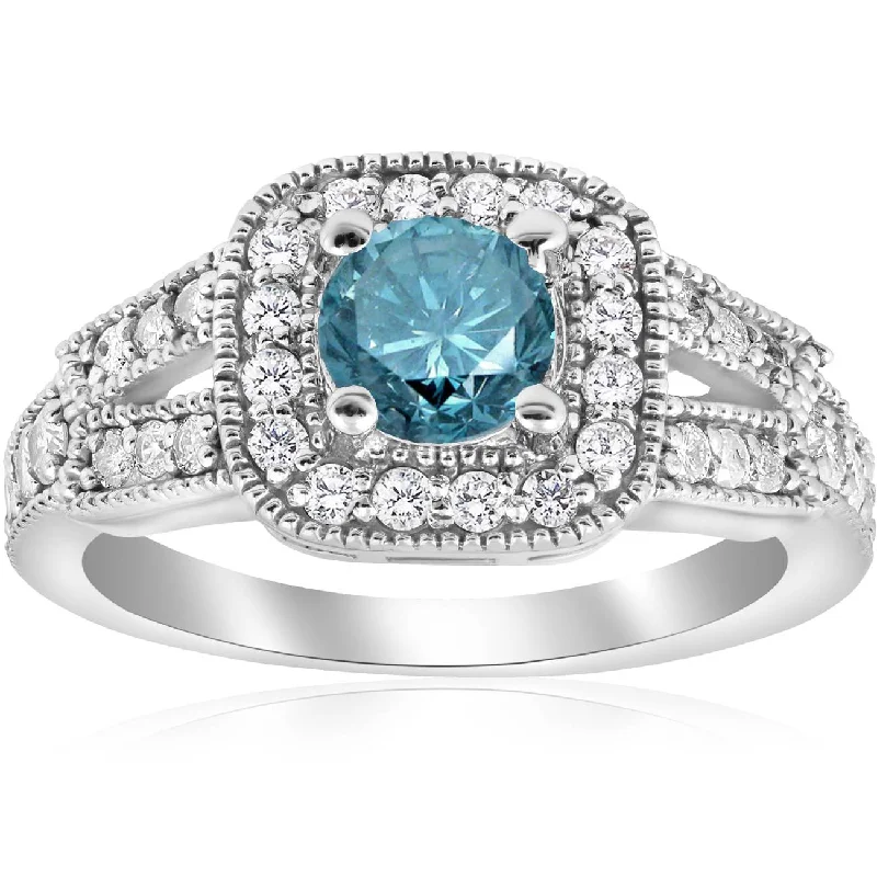 black diamond wedding band -1 1/10ct Blue Diamond Cushion Halo Engagement Ring 14K White Gold