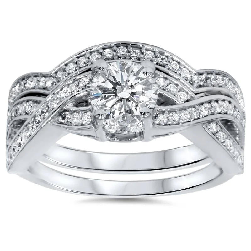 polished silver band ring -1 1/10ct Diamond Infinity Engagement & Matching Wedding Ring Set 14K White Gold