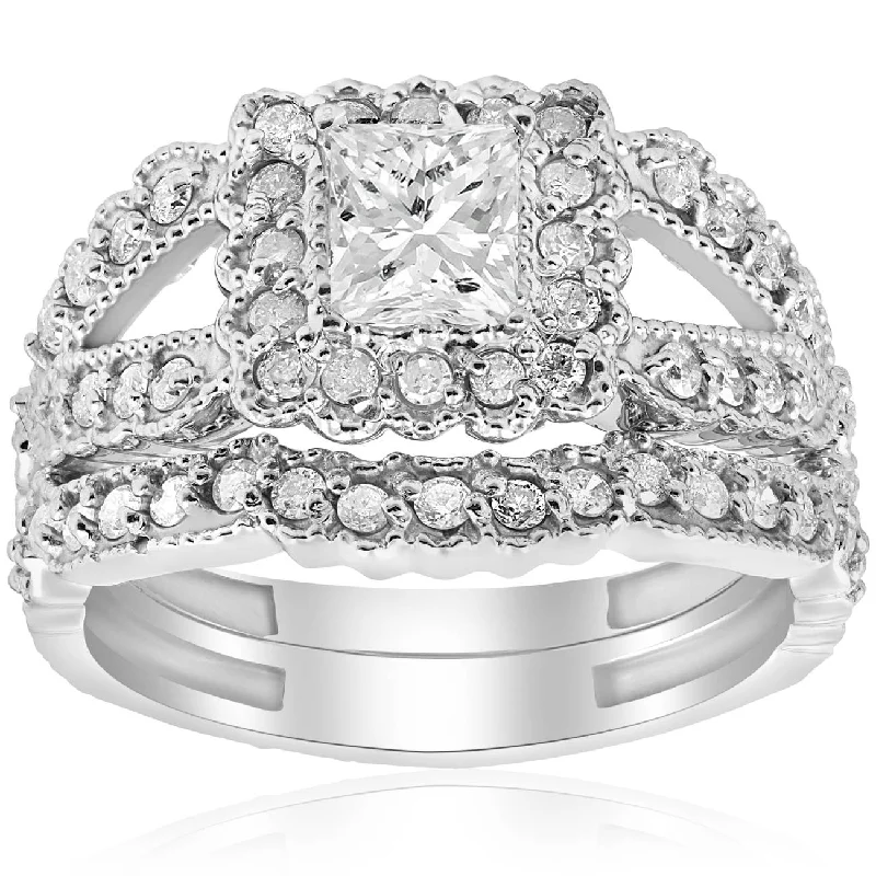 adjustable crystal ring -1 1/10ct Princess Cut Halo Diamond Engagement Ring 14K White Gold Vintage Antique