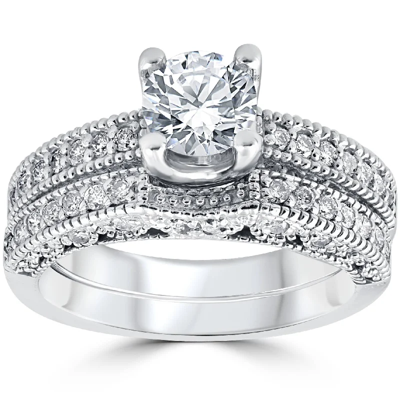 titanium promise ring -1 1/10ct Vintage Pave Diamond Engagement Wedding Ring Set 14K White Gold