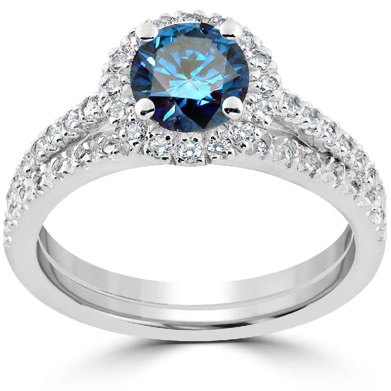 gemstone eternity ring -1 1/2 ct Blue Diamond Halo Engagement Wedding Ring Set 14k White Gold