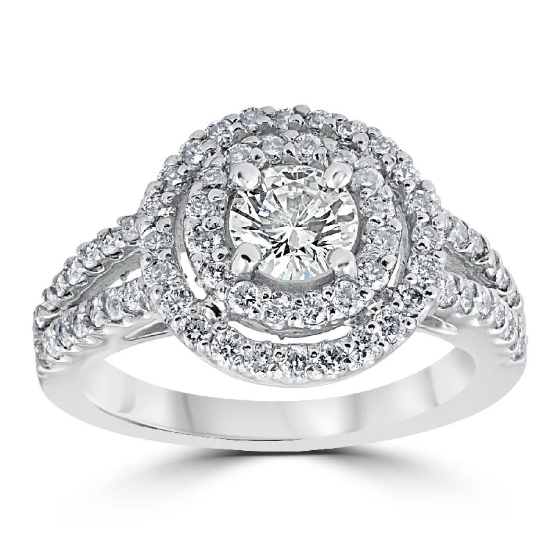 custom carved wood ring -1 1/2 cttw Pave Double Halo Round Brilliant Cut Engagement Ring 14K White Gold