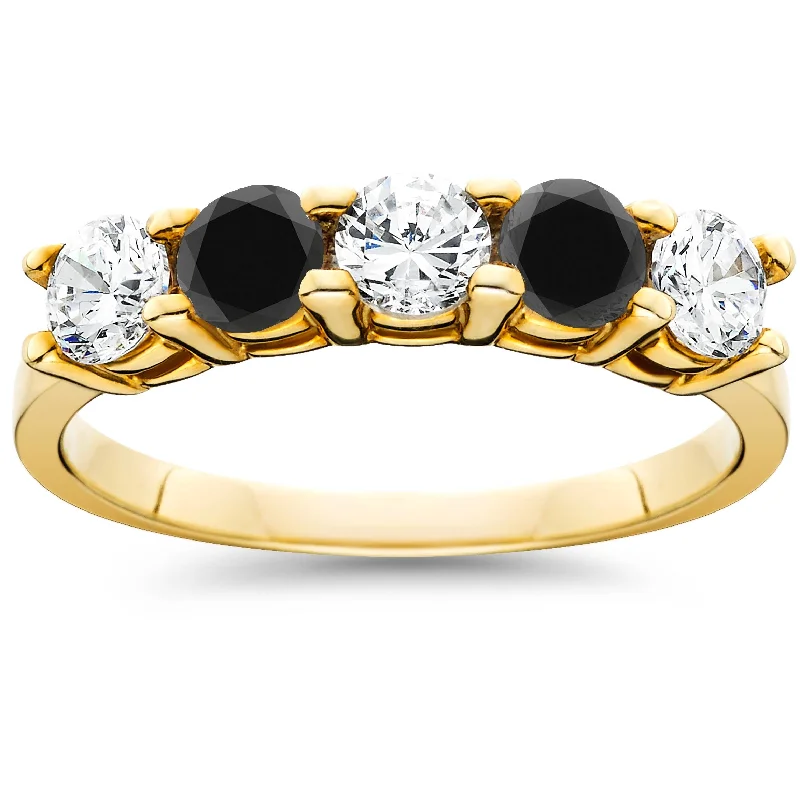 black onyx ring for men -1 1/4CT Black & White Diamond 5 Stone Wedding Ring 10K Yellow Gold