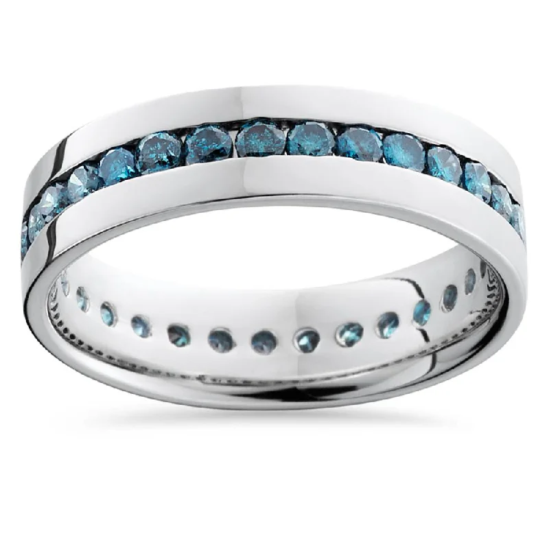 wide band silver ring -1 1/5ct Blue Diamond Channel Set Eternity Ring 14K White Gold Comfort Fit