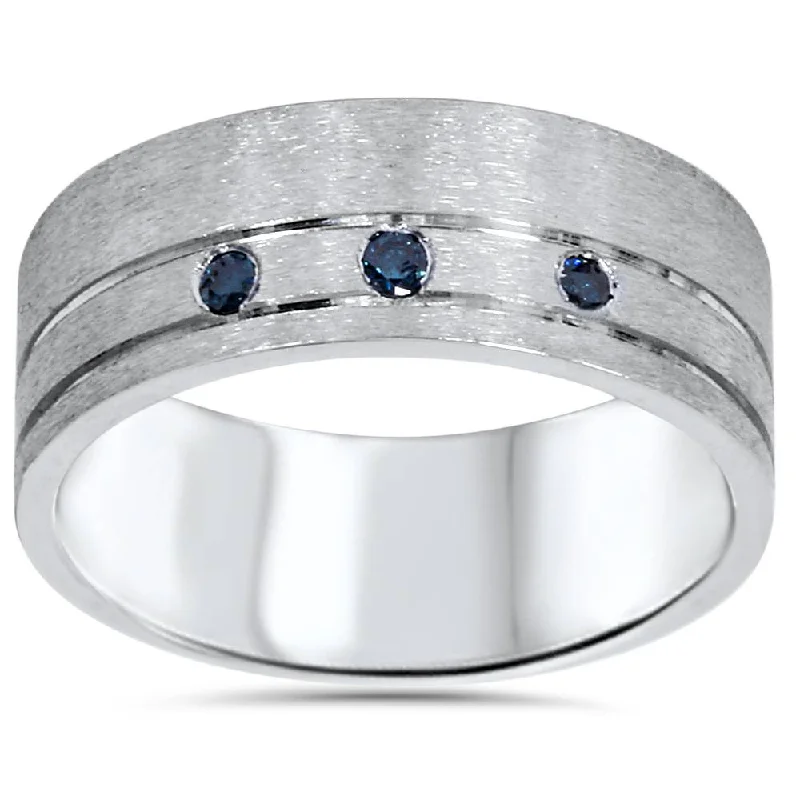 gold band engagement ring -1/10ct Mens Blue Diamond Comfort Fit Brushed Wedding Band 10K White Gold