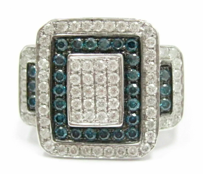 sapphire gemstone ring -1.18 TCW Natural Round Blue & White Diamonds Square Cocktail Ring Size 7 14kt WG