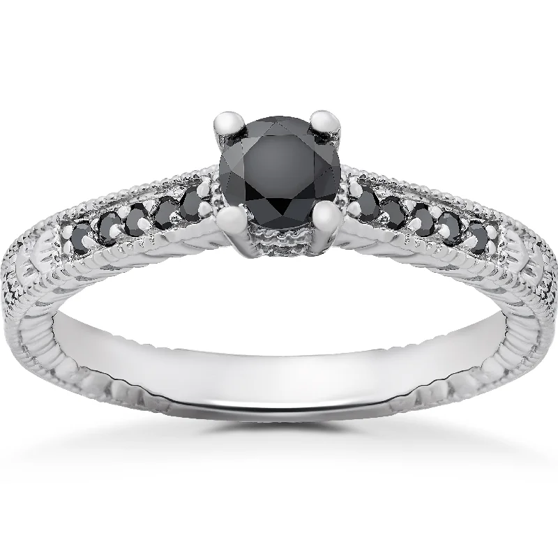 cubic zirconia wedding ring -1/2 ct Black Diamond Vintage Engagement Ring 14k White Gold