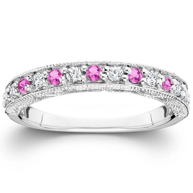 silver and gold stacking rings -1/2ct Pink Topaz & Diamond Vintage Wedding Ring 14K White Gold