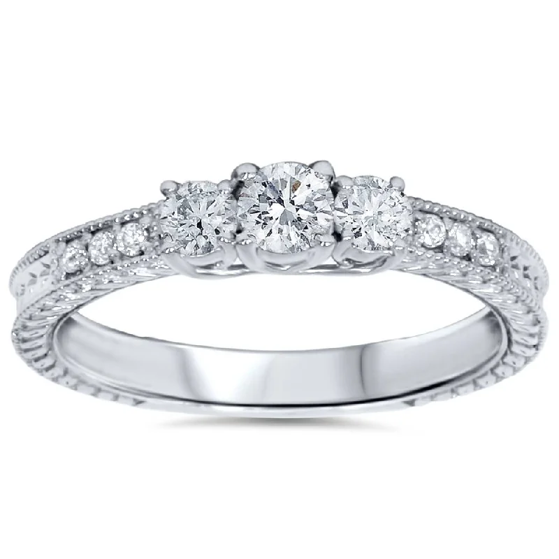 simple gold band ring -1/2ct Vintage Three Stone Round Diamond Engagement Ring 14K White Gold