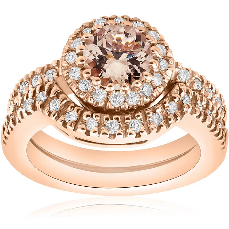 pearl and diamond ring -1 3/8 Ct Morganite & Diamond Engagement Ring Set 14K Rose Gold