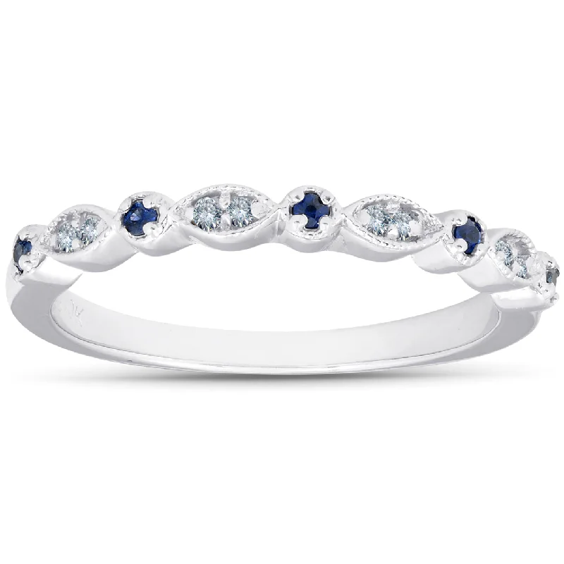 men’s braided ring -1/5 ct Blue Sapphire & Diamond Wedding Ring Stackable Band 10k White Gold