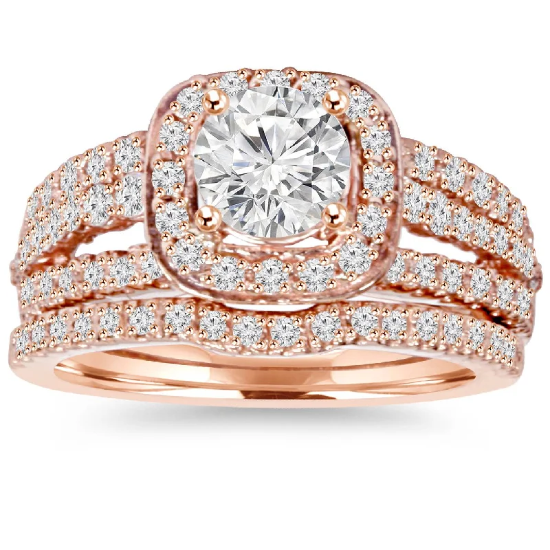 pear-shaped diamond ring -1.50CT Cushion Halo Diamond Engagement Ring Set 14K Rose Gold