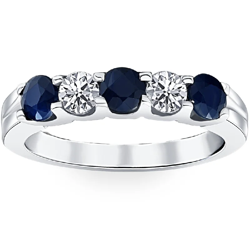 vintage style wedding ring -1 Ct Blue Sapphire Diamond Five Stone Wedding Anniversary Ring 14K White Gold