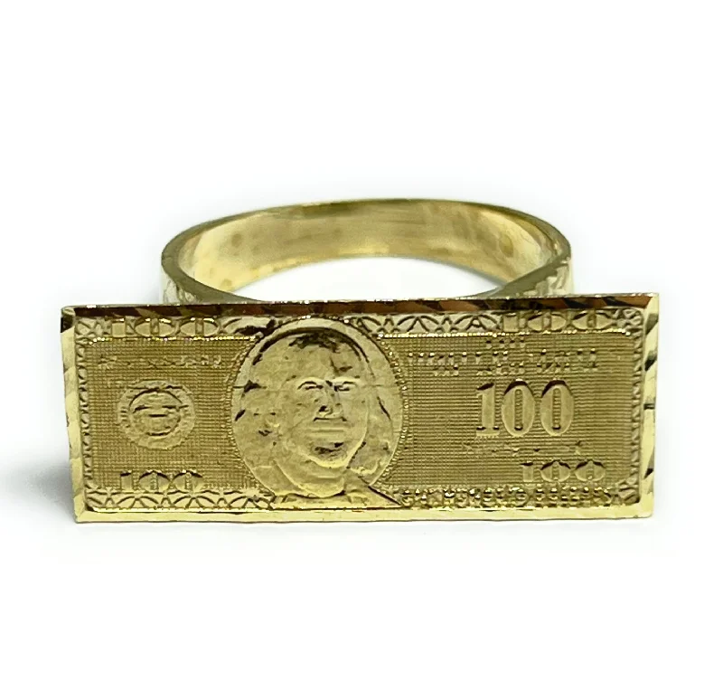 custom engraved couple’s ring -10k Solid Gold 100 DOLLAR BILL BENJAMINS Money Ring