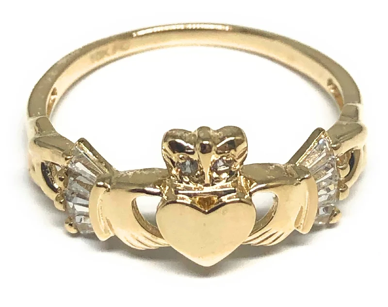 personalized date engraved ring -10k Solid Gold Claddagh Crown Heart CZ Ring (FC 72)