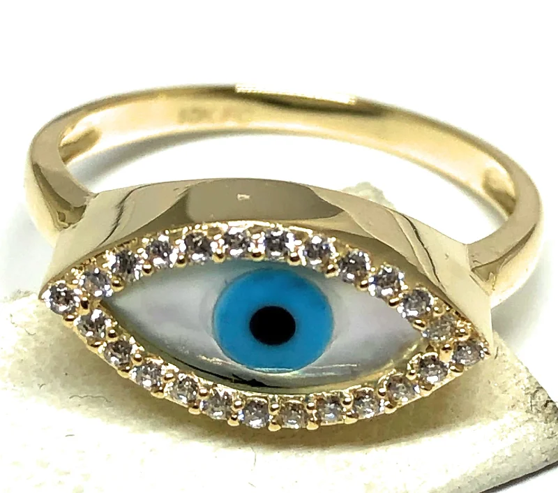 yellow gold eternity ring -10k Solid Gold Evil Eye CZ Ring (FC  95)