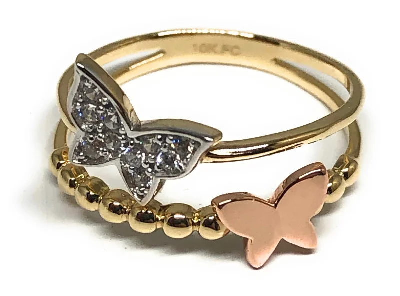 gold plated ring with gemstones -10k Solid Gold Tri-Color CZ Butterfly Ring (FC 58)