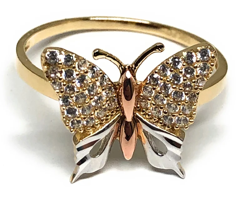 silver moonstone ring -10k Solid Gold Tri-Color CZ Butterfly Ring (FC 63)