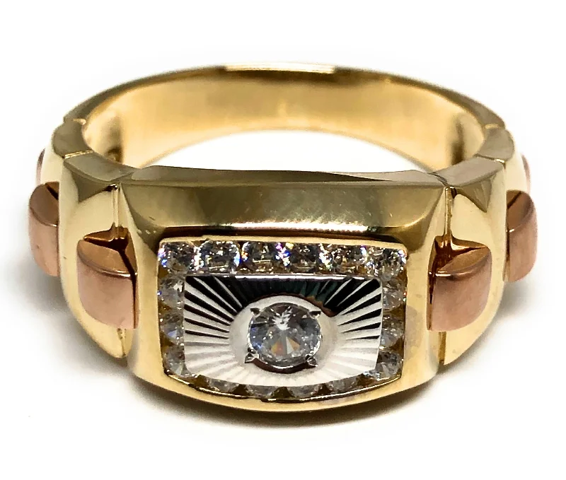 custom engraved couple’s ring -10k Solid Gold Tri-Color CZ PUFFED OUT Ring (7.0g) (FC 129)