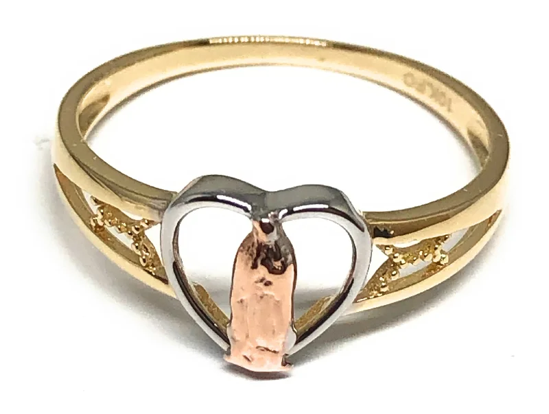 vintage style cocktail ring -10k Solid Gold Tri-Color Gold Virrgin Mary Heart Ring (FC 30)