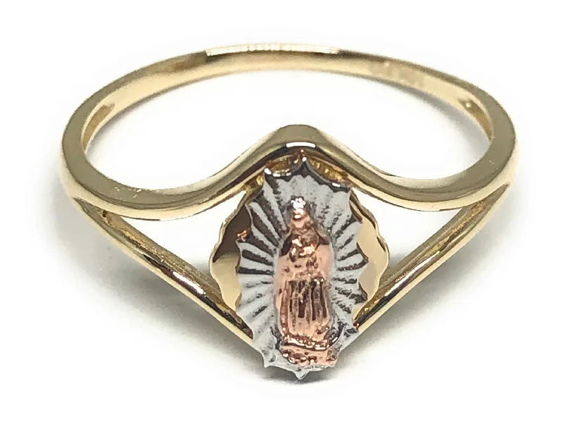 double band diamond ring -10k Solid Gold Tri-Color Gold Virrgin Mary Ring (FC 27)