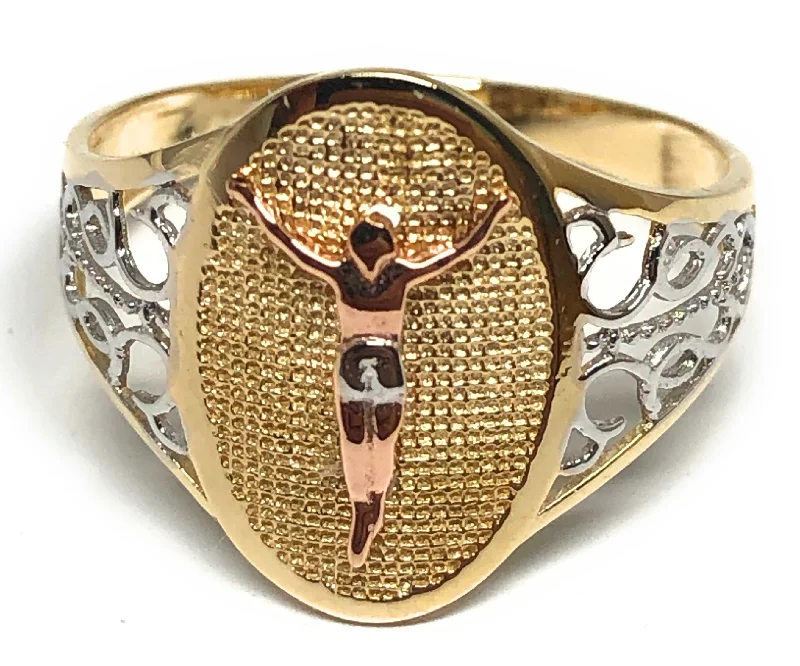 black diamond wedding band -10k Solid Gold Tri-Color Jesus Crucifix Ring (FC 127)