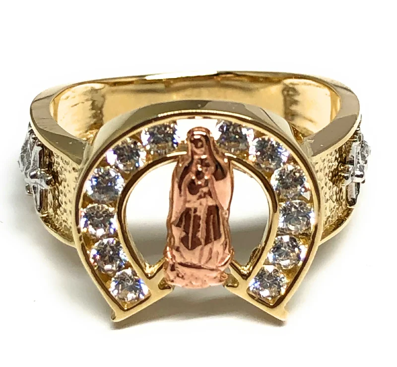 custom moonstone ring -10k Solid Gold Tri-Color Virrgin Mary Anchor CZ Ring (FC 12)