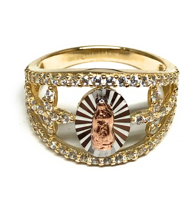 custom name ring -10k Solid Gold Tri-Color Virrgin Mary Cross CZ Ring (FC 01)