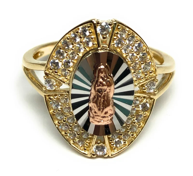 modern geometric ring -10k Solid Gold Tri-Color Virrgin Mary CZ Ring (FC 13)