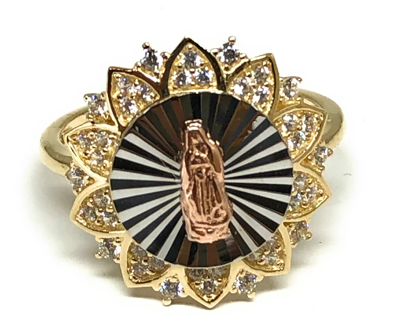 minimalist diamond band ring -10k Solid Gold Tri-Color Virrgin Mary CZ Ring (FC 15)